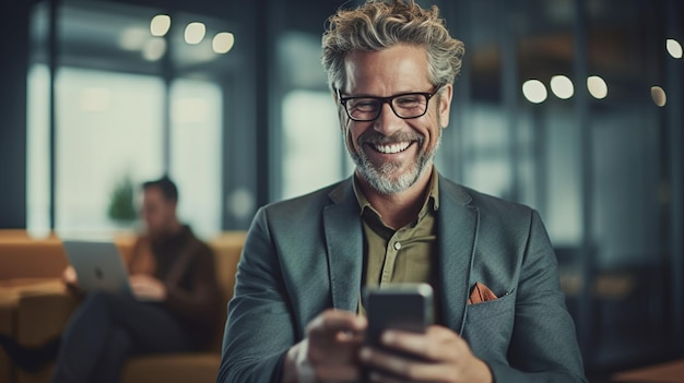 Portrait of smiling mature businessman using mobile phone while sitting in office lobbygenerative ai