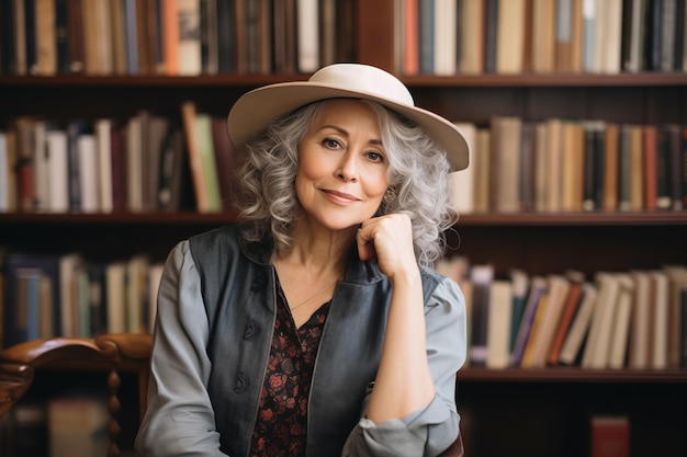 Portrait of smiling mature woman in hat looking at camera in library