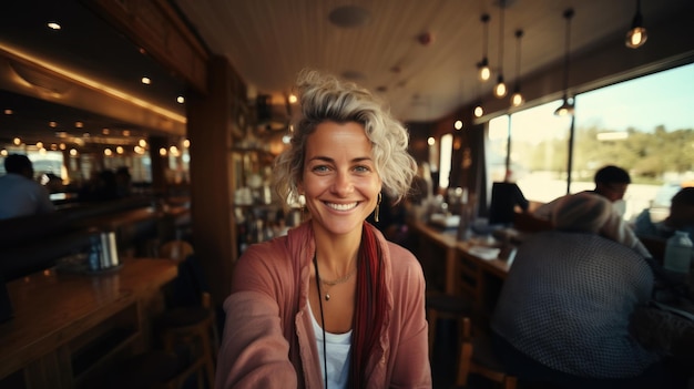 Portrait of smiling middle age woman taking selfie with mobile phone while sitting in cafe