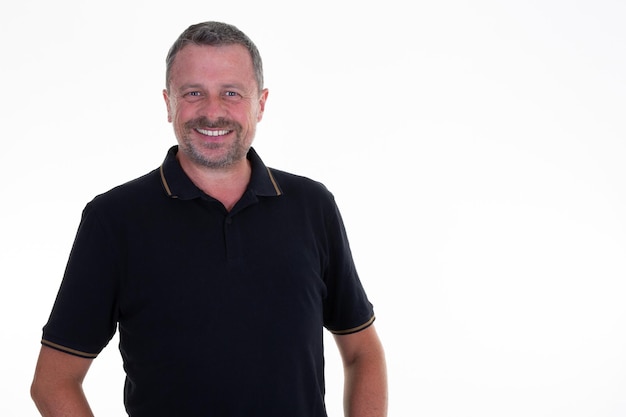 Portrait of smiling middle aged man handsome standing on white background