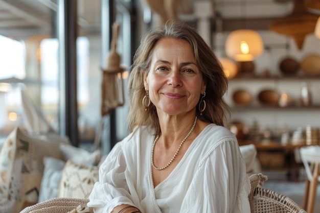 Portrait of a smiling middle aged woman sitting in a cozy caf setting with warm natural d cor