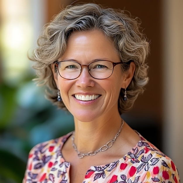 Portrait of a Smiling MiddleAged Woman Wearing Glasses and a Floral Dress