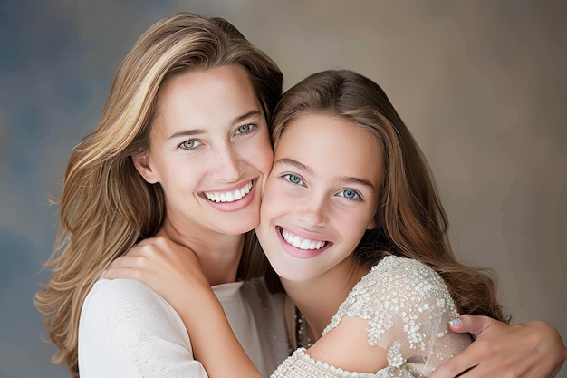 Photo portrait of smiling mother and daughter