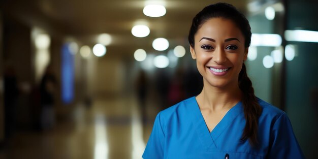 Portrait of a smiling nurse in a blurry hospital background