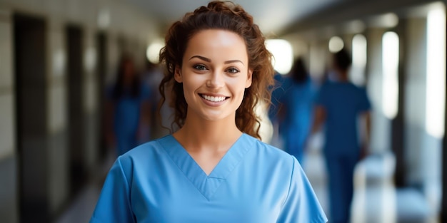 Portrait of a smiling nurse in a blurry hospital background