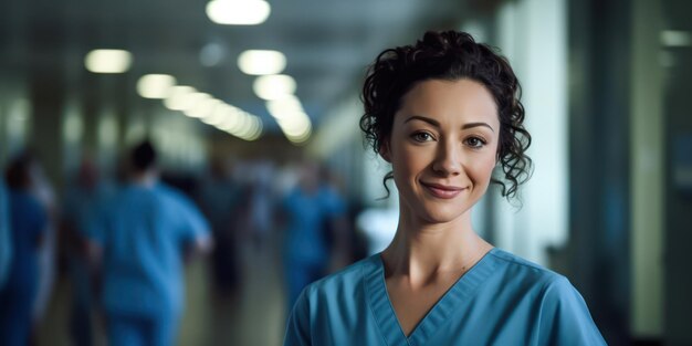 Portrait of a smiling nurse in a blurry hospital background