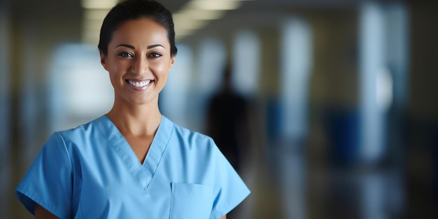 Portrait of a smiling nurse in a blurry hospital background