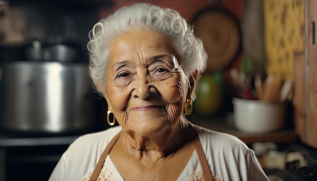 Portrait of smiling old SouthAmerican woman with grey hair looking at camera Generative AI