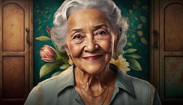 Portrait of smiling old SouthAmerican woman with grey hair looking at camera Generative AI