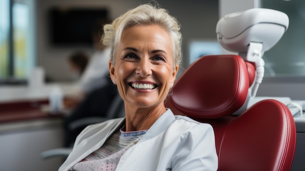 Portrait of smiling patient female mid adult sitting in chair at dental clinic