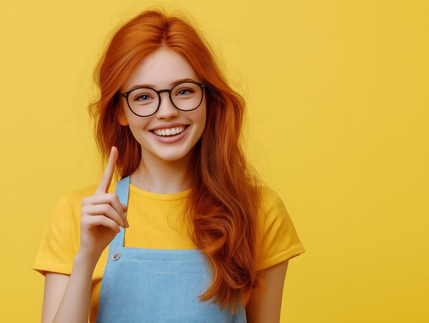 Photo portrait of smiling positive funny casual redhead girl in glasses wearing blue apron yellow tshirt