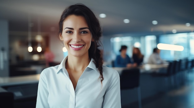 Portrait of a smiling pretty woman manager or secretary with dark skin in the office at the reception copy space