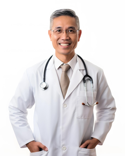 Portrait of smiling senior Asian doctor isolated on white background