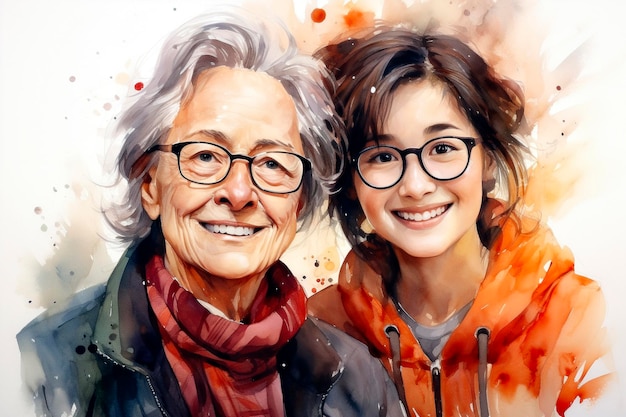 Portrait of smiling senior woman and her adult daughter Digital painting Watercolor painting