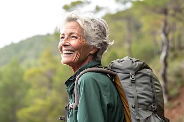 Portrait of smiling senior woman with backpack standing in forest on a sunny day