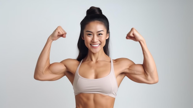 portrait of smiling slim and strong asian fitness girl personal workout trainer showing muscles