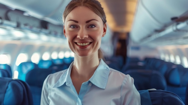 Photo portrait of smiling stewardess in the empty airplane