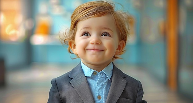 Portrait of a smiling toddler boy in a suit with a blue shirt looking away with a joyful expression blurred background