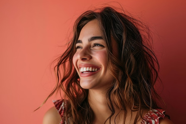 Portrait of a smiling woman against a pink background stock photo