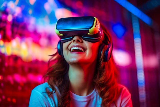 portrait of a smiling woman in casual clothes wearing Virtual Reality glasses and playing neo light blurred neo color background AI Generative