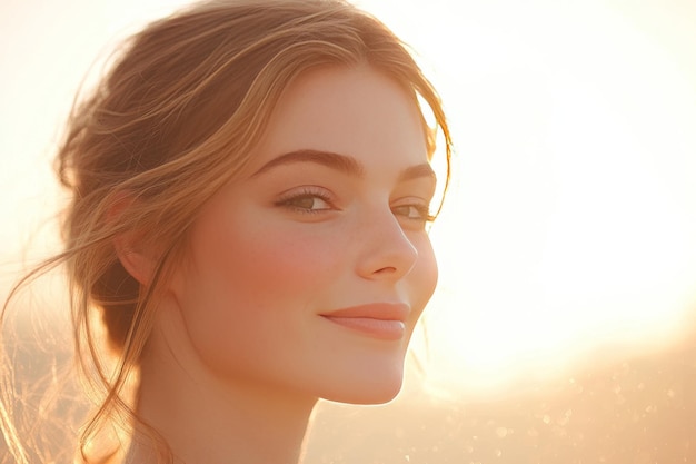 Portrait of a smiling woman in golden sunlight symbolizing joy positivity and the radiant energy of