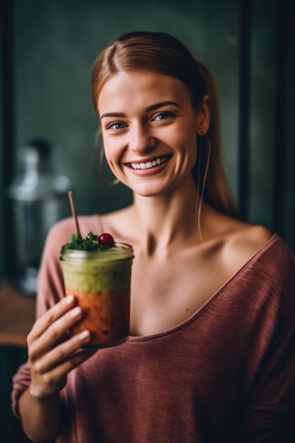 Portrait of a smiling woman holding a smoothie cup created with generative ai