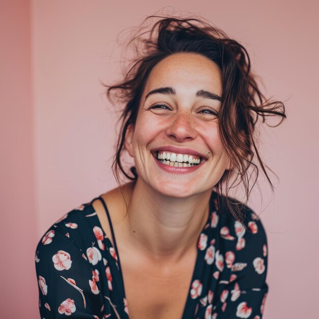 Portrait of a smiling woman on a pink background