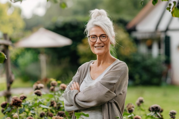 Portrait of smiling woman standing in the garden