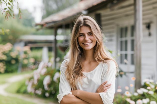 Portrait of smiling woman standing in the garden