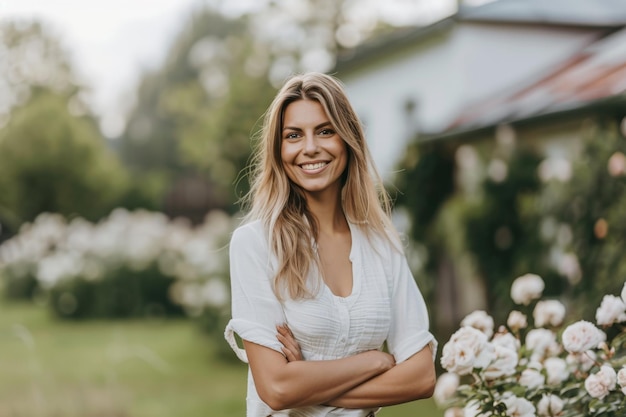 Portrait of smiling woman standing in the garden