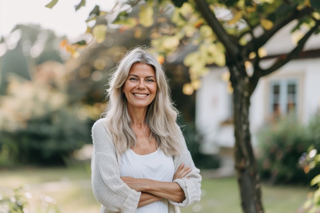 Portrait of smiling woman standing in the garden