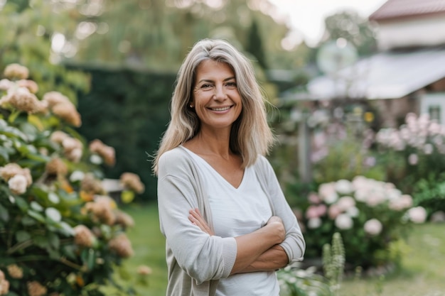 Portrait of smiling woman standing in the garden