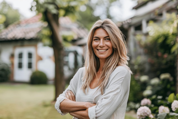 Portrait of smiling woman standing in the garden