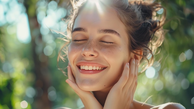 Portrait of smiling woman touching her face skin against white background