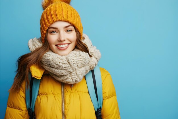 Photo portrait of a smiling woman in winter clothing with solid blue background