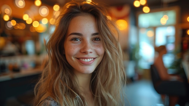 Portrait of smiling woman with freckles Cozy cafe ambiance