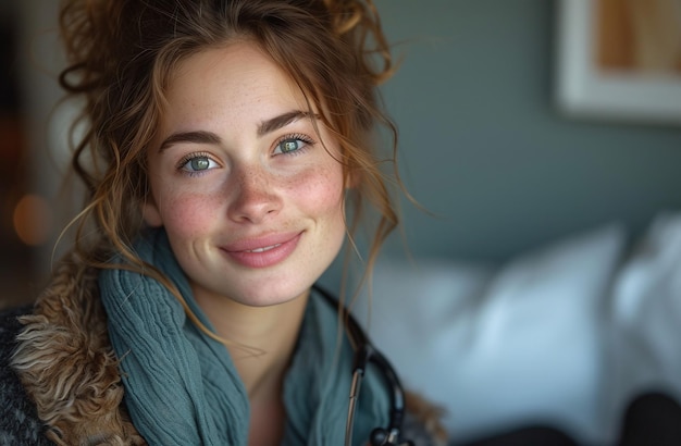 Portrait of a smiling woman with natural makeup and messy hair exuding casual beauty and warmth