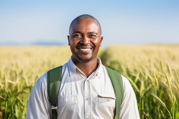 Portrait of a smiling young african american farmer in front of his wheat field