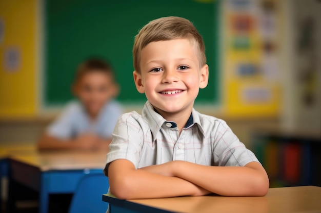 Portrait of a smiling young boy sitting in a classroom created with generative ai