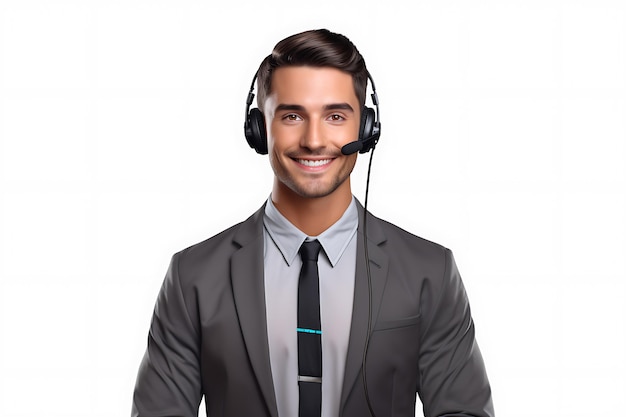 Portrait of a smiling young businessman with headset isolated on white background