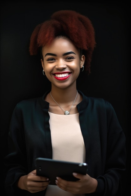 portrait of a smiling young journalist holding a digital tablet created with generative ai