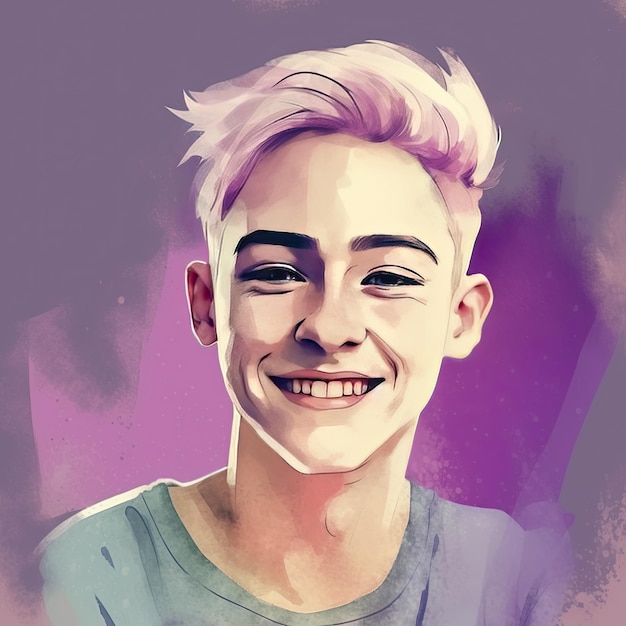 Portrait of smiling young LGBT person isolated against violette backgroundPride concept