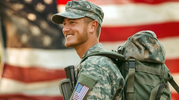 Photo portrait of a smiling young man in a us military uniform with a backpack