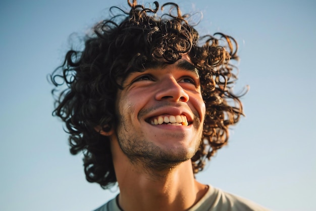 Portrait of a smiling young man with curly hair against blue sky