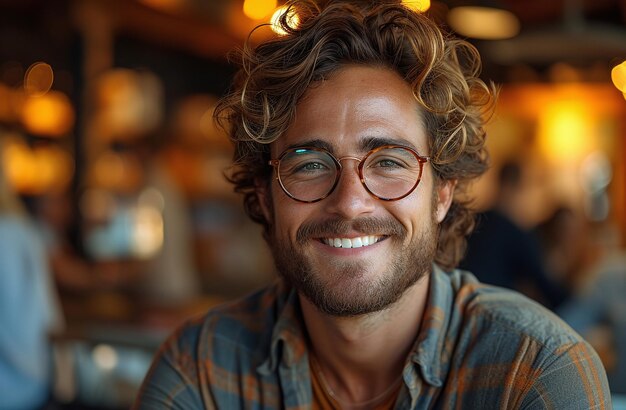 Portrait of a smiling young man with curly hair and glasses in a casual setting