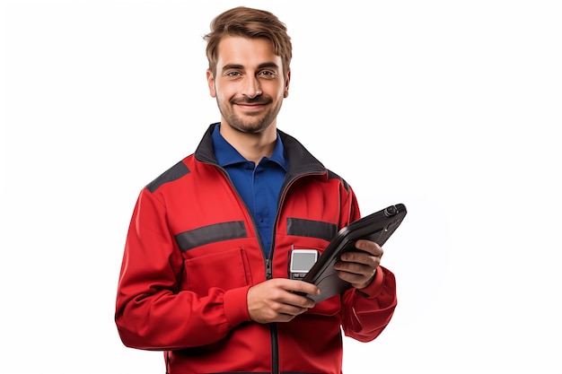 Portrait of a smiling young man in workwear holding a digital tablet isolated on white background