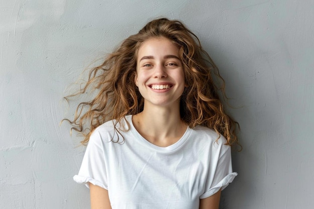 Portrait of a smiling young woman against gray background