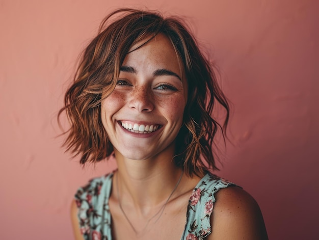 Portrait of a smiling young woman against a pink background