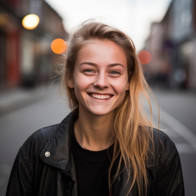 portrait of a smiling young woman on a city street