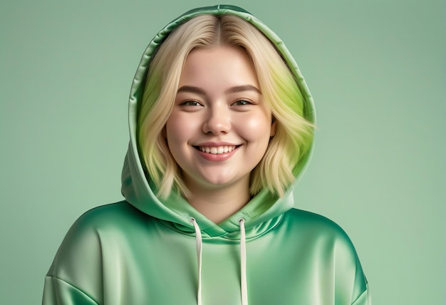 Portrait of a smiling young woman in a green hoodie